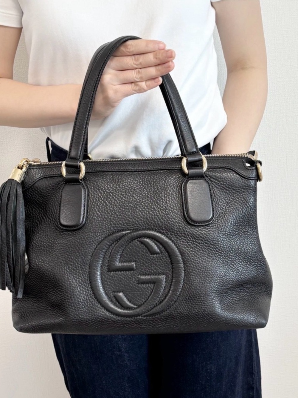 Gucci Black Pebbled Leather Top-Handle Satchel with Tassel
